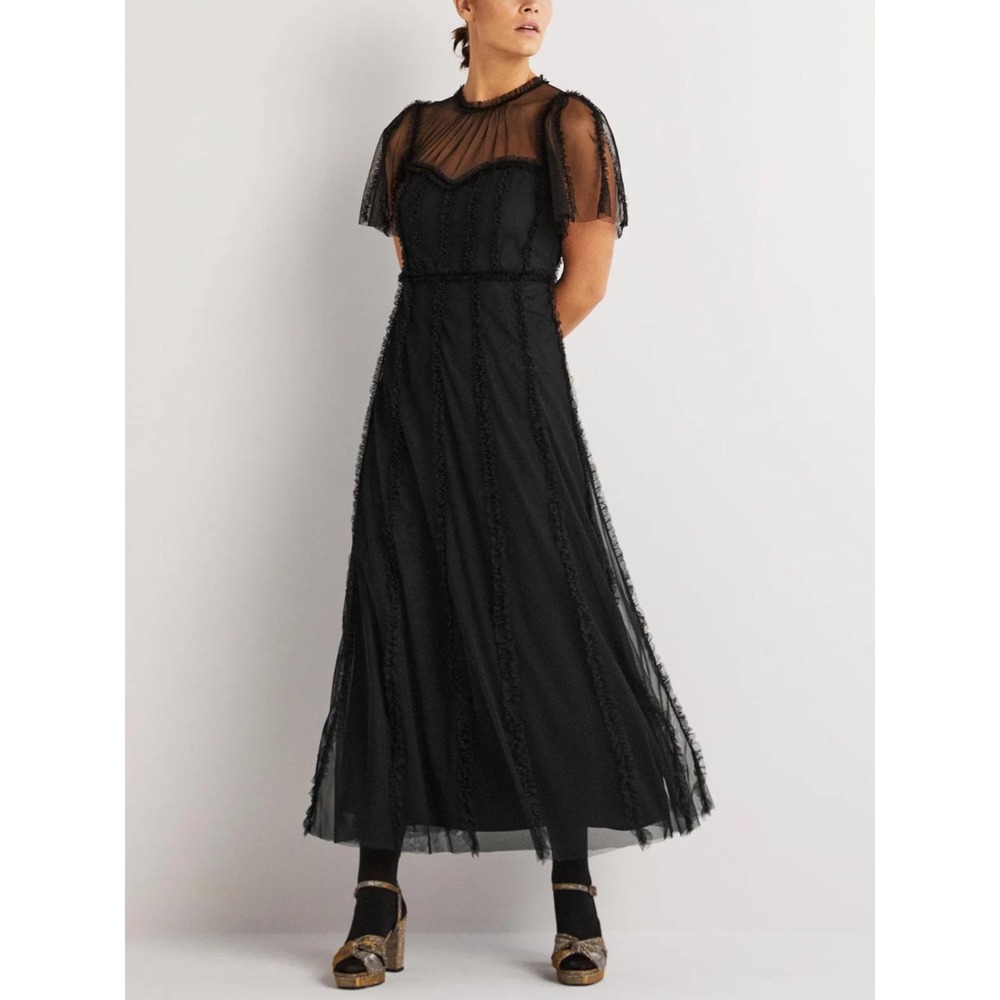 Boden Black Tulle Ruffle Midi Dress Sheer Mesh Short Sleeve US 12P UK 16P